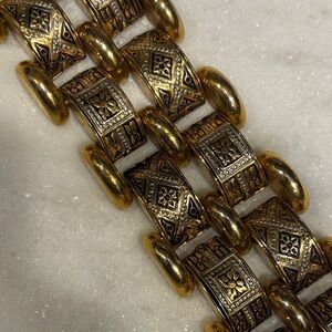 Vintage Gold Tone Panel Link Bracelet Chunky Statement Boho Egyptian Revival